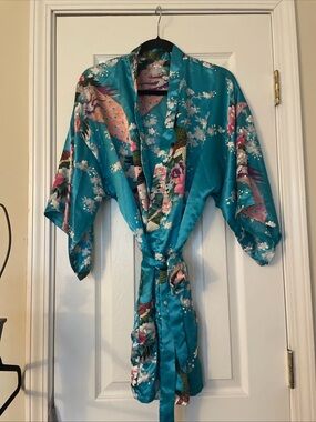 Teal Floral Satin Kimono Robe